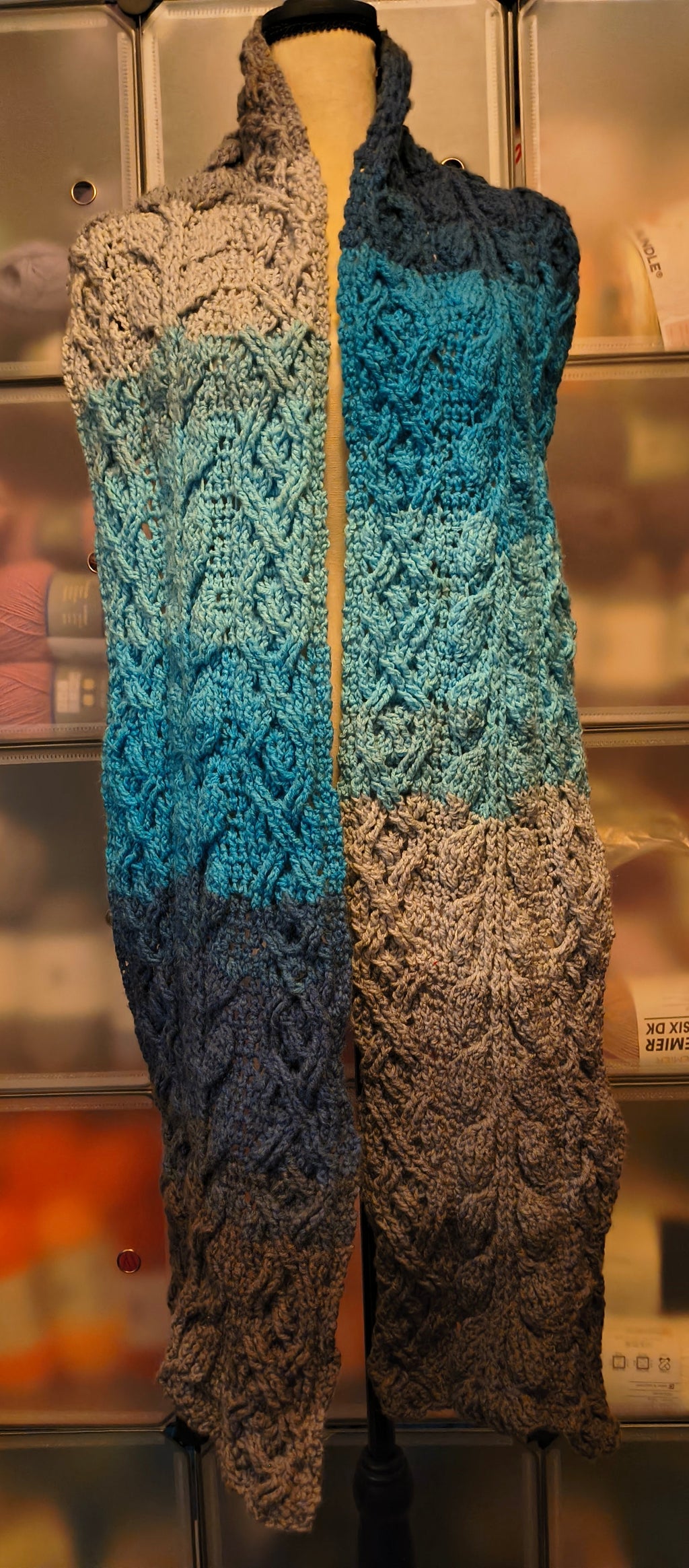 Blue Gradient Cabled Crochet Scarf – Extra Long Handmade Wrap