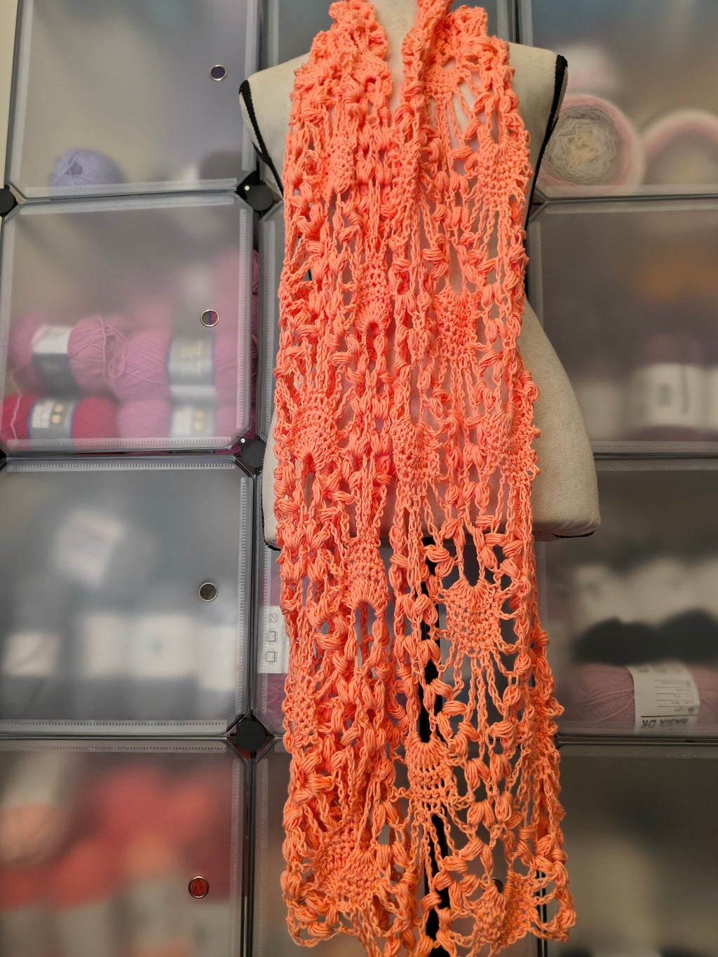 Handmade Coral Lace Super Scarf - Lightweight Cotton Puff Stitch Wrap - Elegant Crochet Boho Scarf - Oversized Spring Summer Scarf