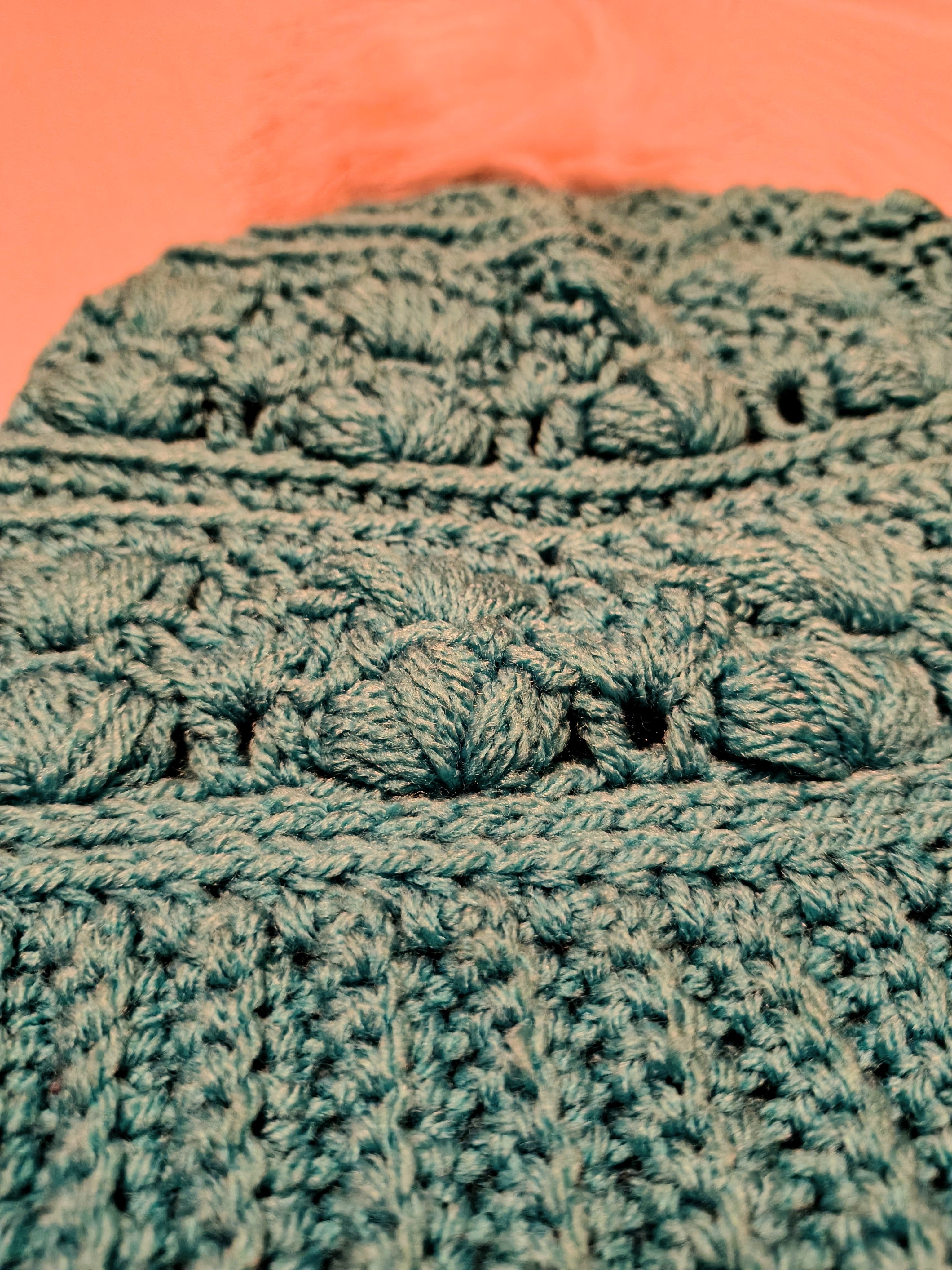 Boho Teal Slouchy Crochet Beanie - Faux Fur Pom - Soft Textured Winter Hat - Handmade Amarie Slouch Hat