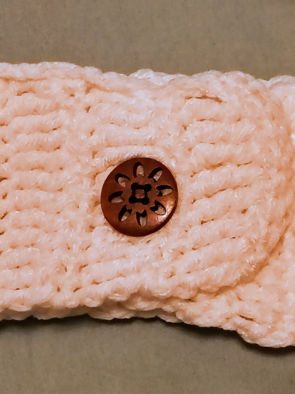 Crochet Headband Ear Warmer – White Acrylic with Wooden Flower Button Closure