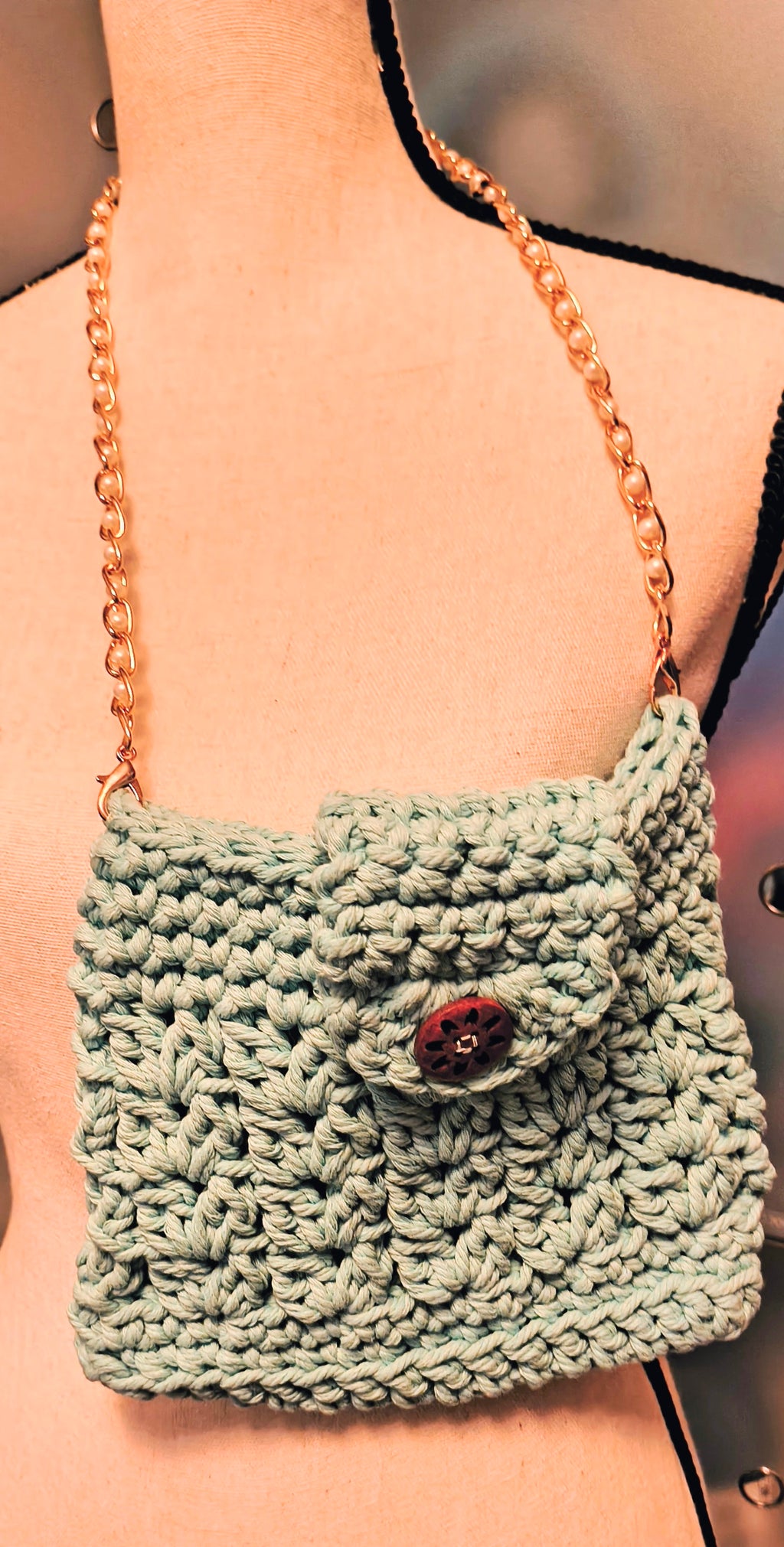 Aqua Crochet Crossbody Purse with Pearl Chain Strap