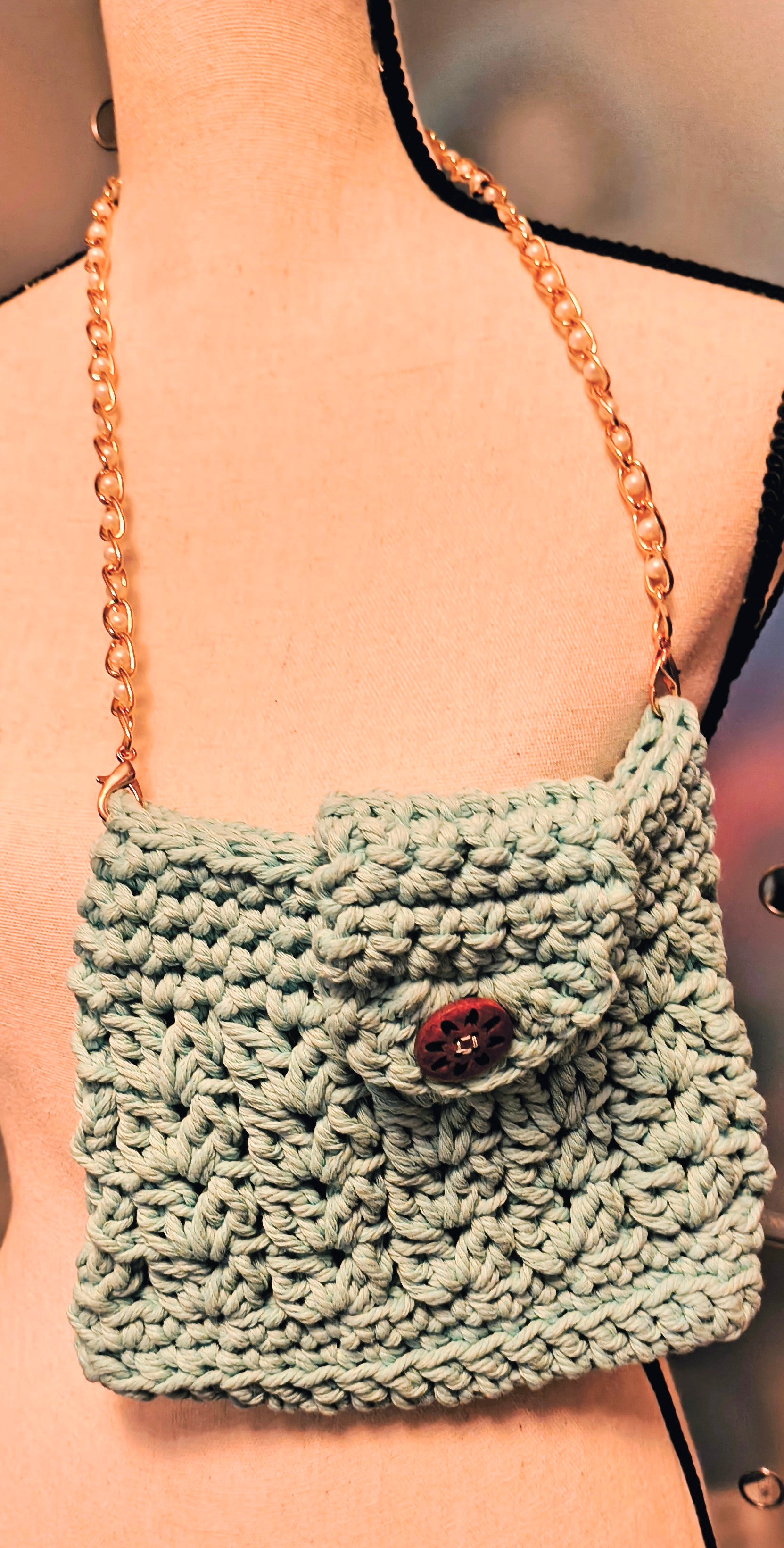 Aqua Crochet Crossbody Purse with Pearl Chain Strap