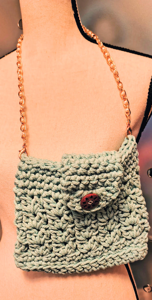 Aqua Crochet Crossbody Purse with Pearl Chain Strap