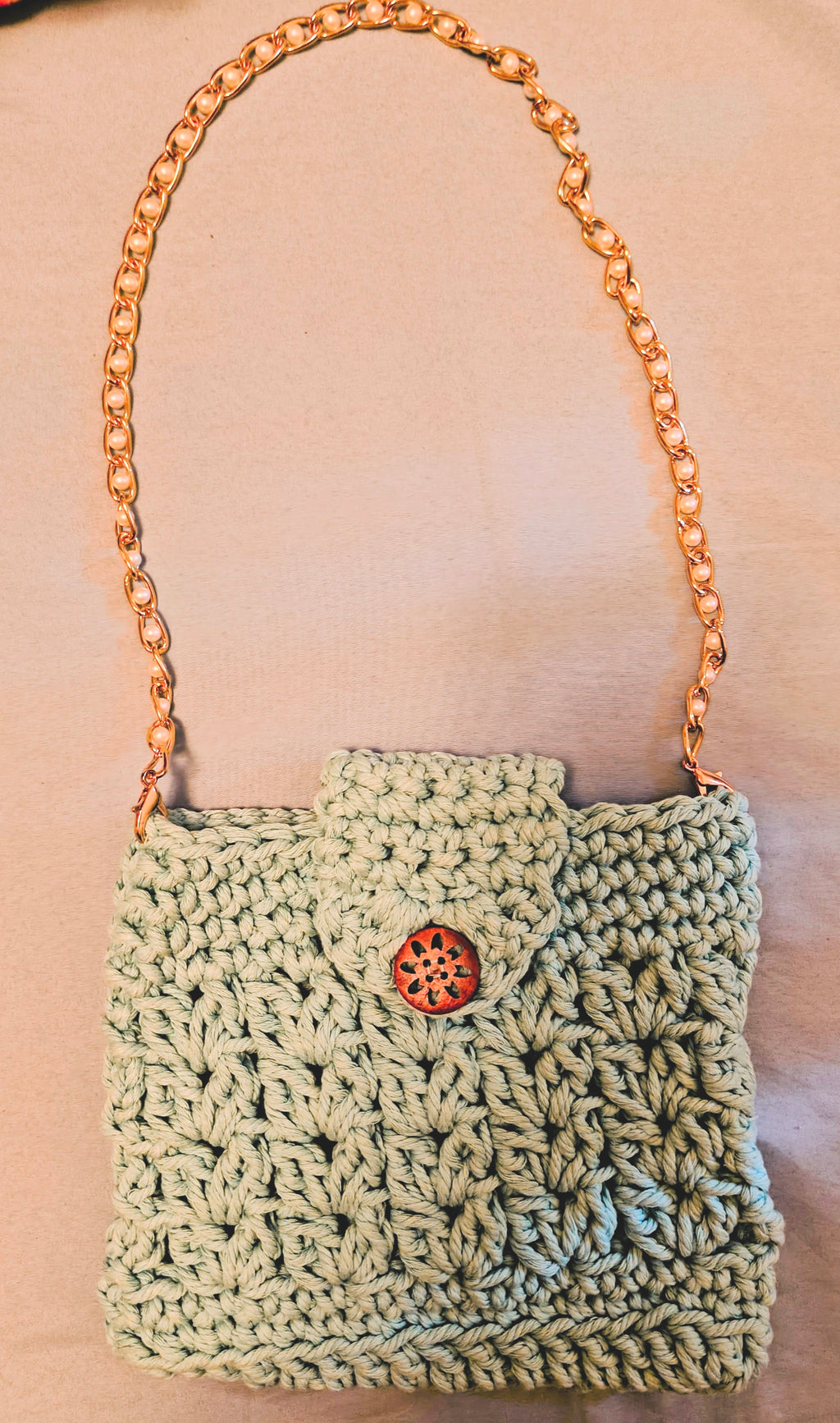 Aqua Crochet Crossbody Purse with Pearl Chain Strap