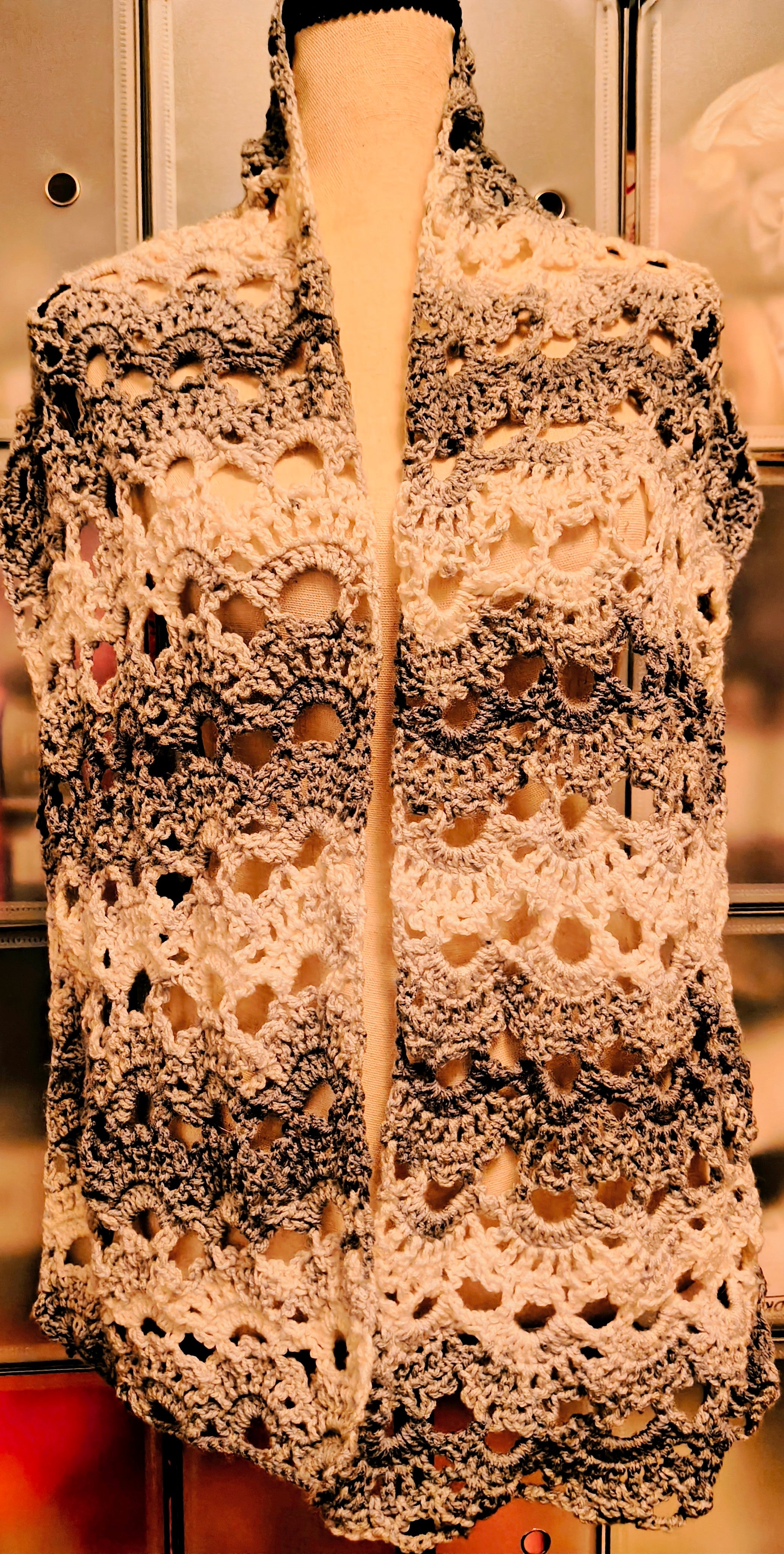 Elegant Gray Lace Crochet Scarf | Handmade Shell Stitch Wrap