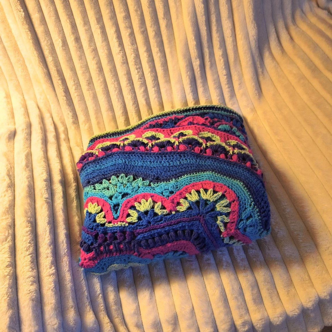 Vibrant Mandala Crochet Blanket – 55” Textile Art Piece – Teal, Blue, Purple, Pink & Lime – Handmade Heirloom Throw