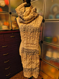 extra long white and gray gradient cotton crochet scarf with cabled texture, thick handmade super scarf draped on mannequin with detailed stitch pattern