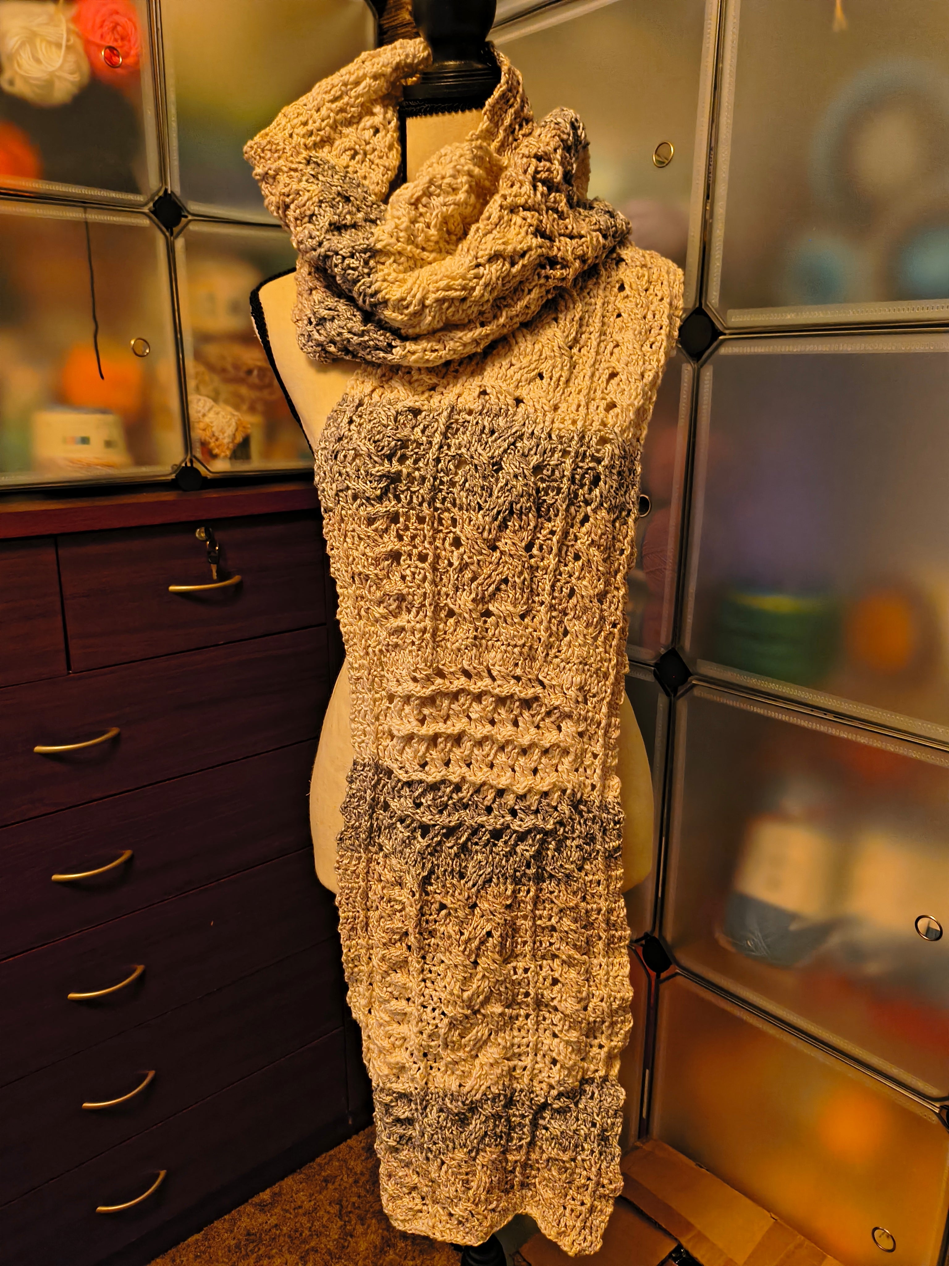 extra long white and gray gradient cotton crochet scarf with cabled texture, thick handmade super scarf draped on mannequin with detailed stitch pattern