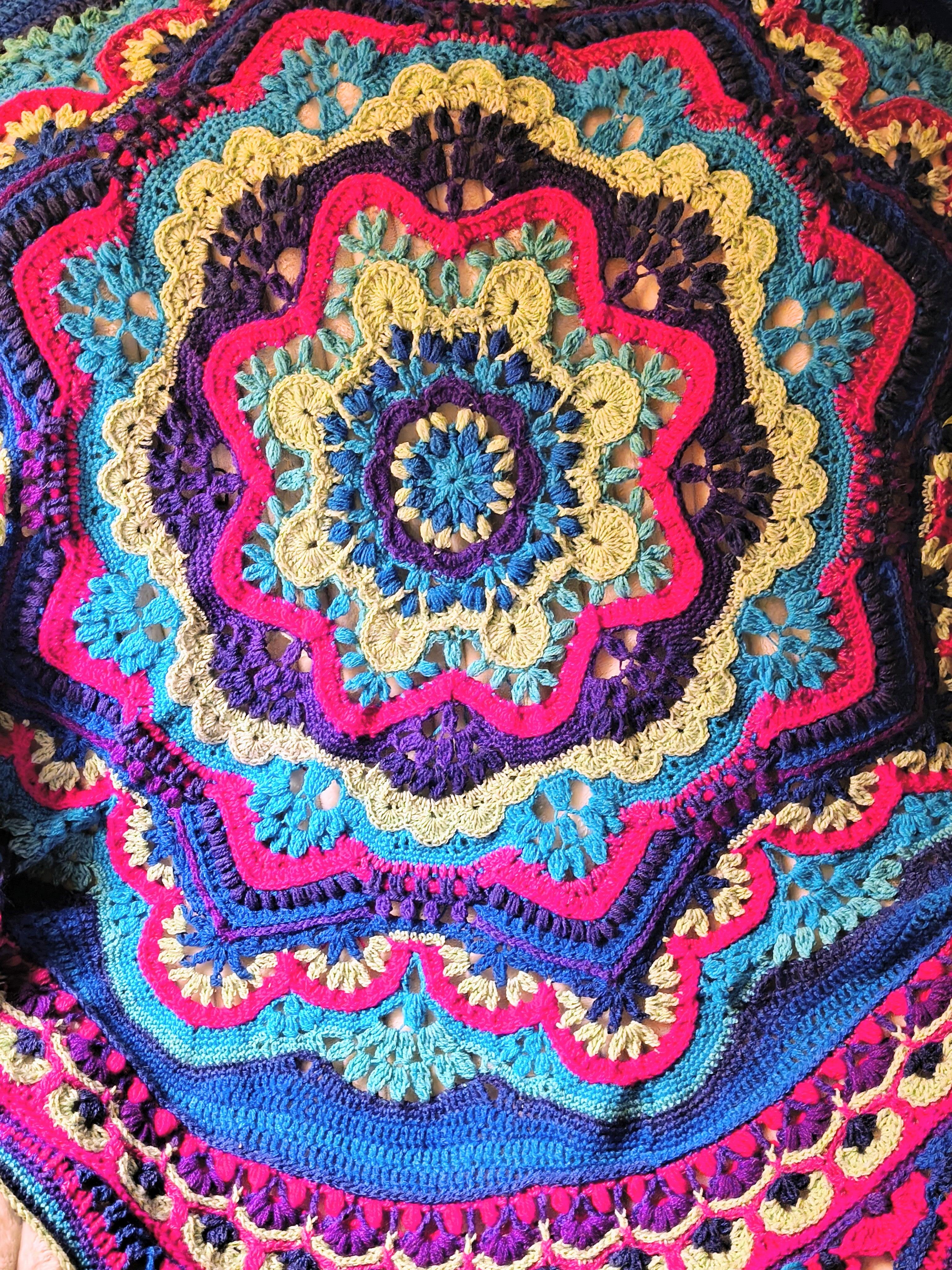 Vibrant Mandala Crochet Blanket – 55” Textile Art Piece – Teal, Blue, Purple, Pink & Lime – Handmade Heirloom Throw