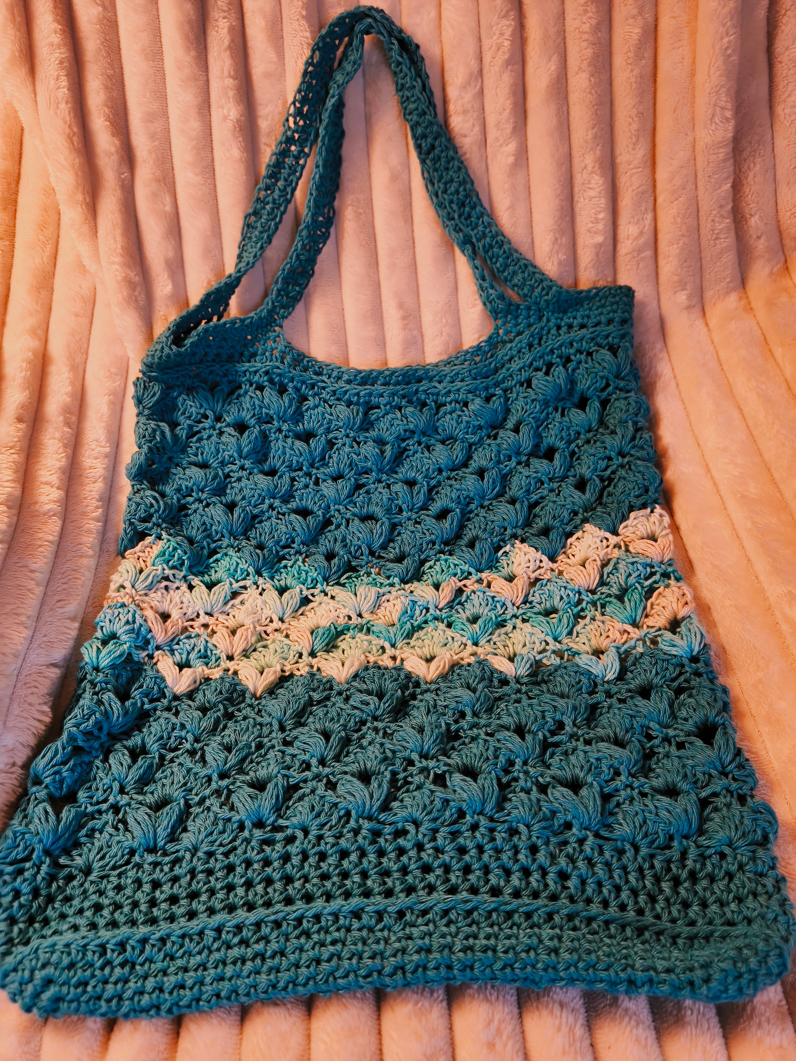 Oversized Handmade Cotton Market Bag - Turquoise & Evening Sea Crochet Tote