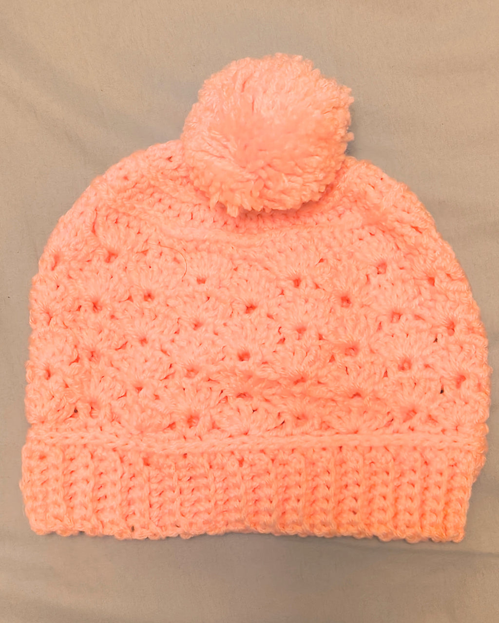 Light Pink Shell Stitch Crochet Beanie with Pom Pom | Adult Ribbed Band Hat | Soft Textured Winter Hat | Handmade Acrylic Beanie