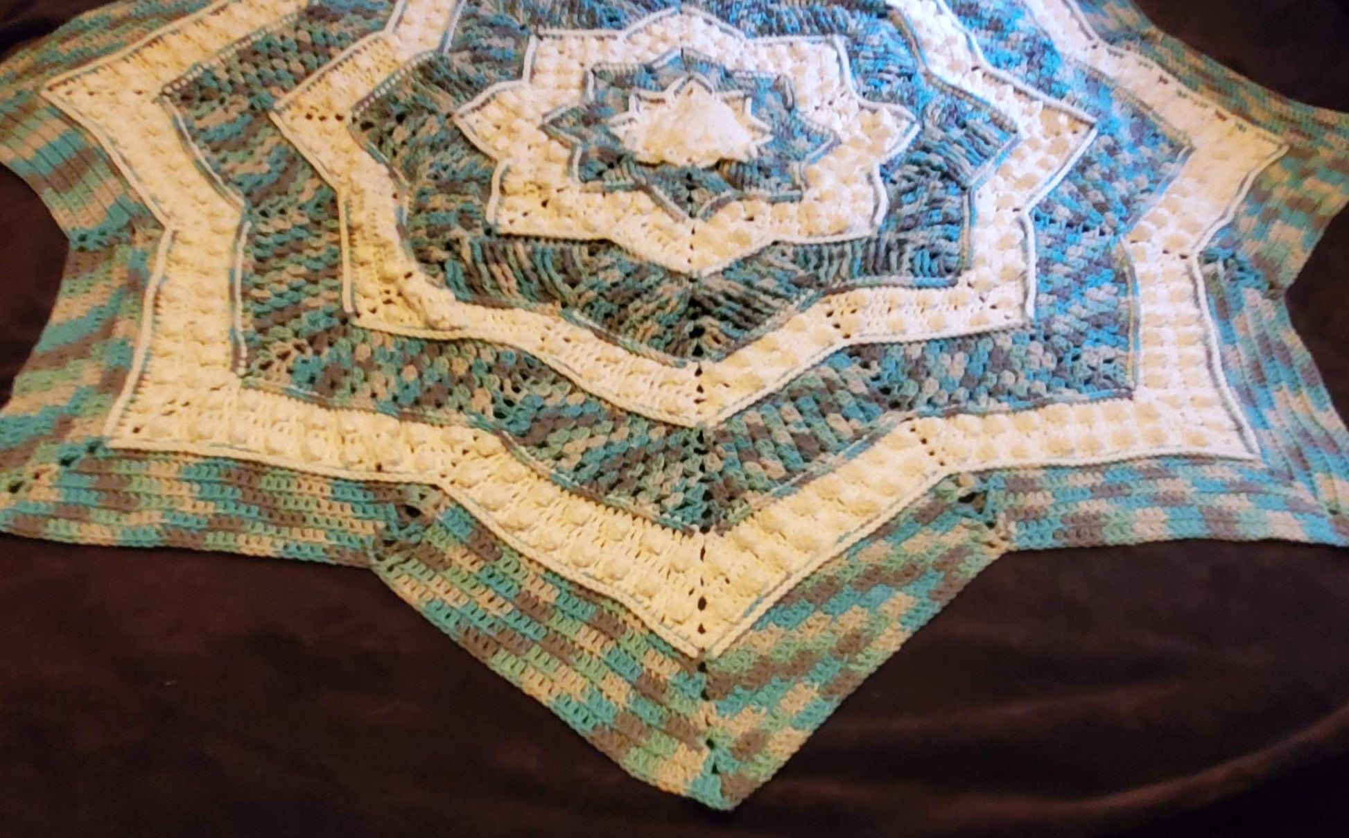 star crochet blanket blue gray camo colors, handmade mandala star afghan