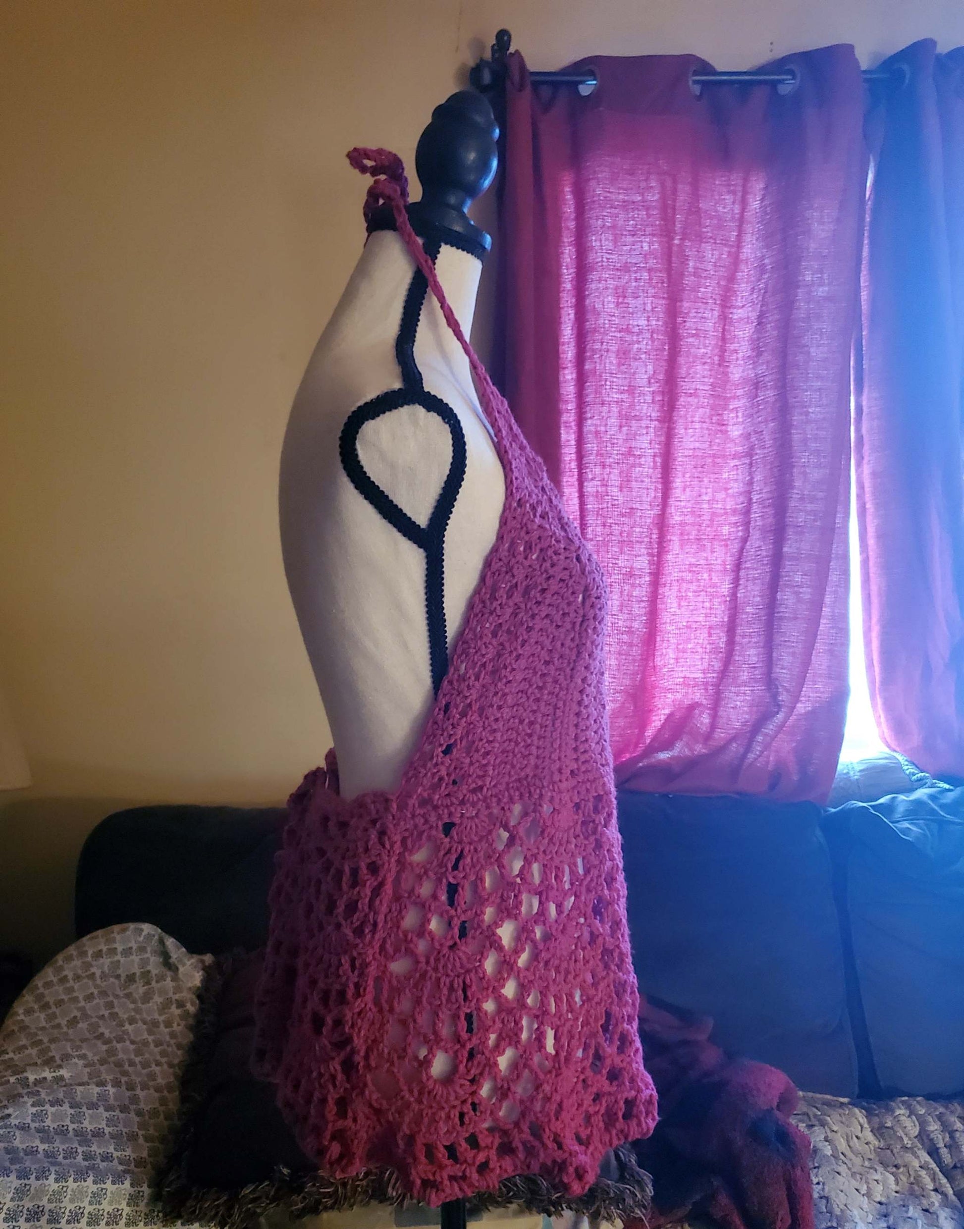 Raspberry boho crochet halter top side view, flowy lace summer top, handmade clothing