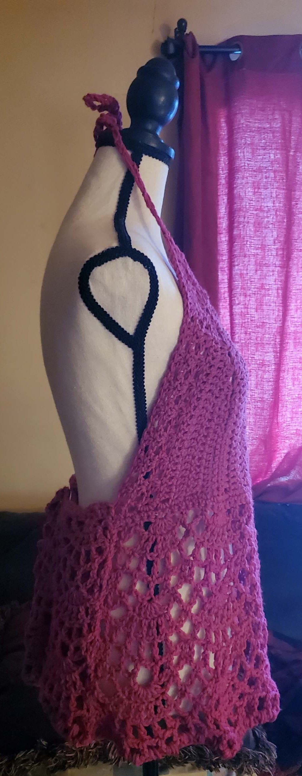 Raspberry boho crochet halter top side view, flowy lace summer top, handmade clothing