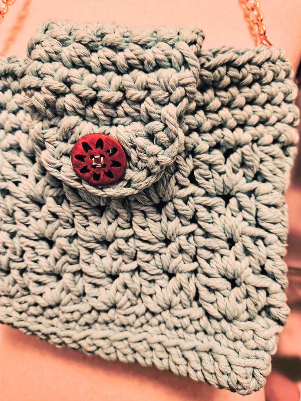 Aqua Crochet Crossbody Purse with Pearl Chain Strap