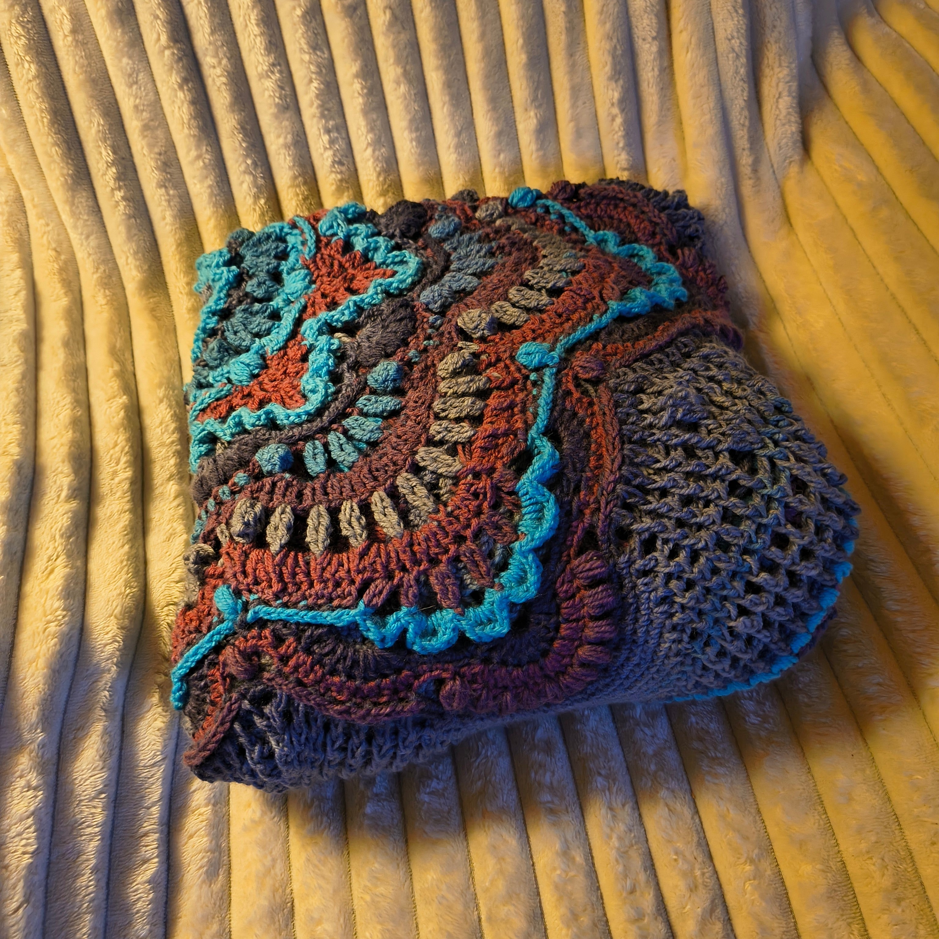 Boho Mandala Crochet Blanket – 55” Textile Art Piece – Purple, Aqua & Gray – Handmade Heirloom Throw