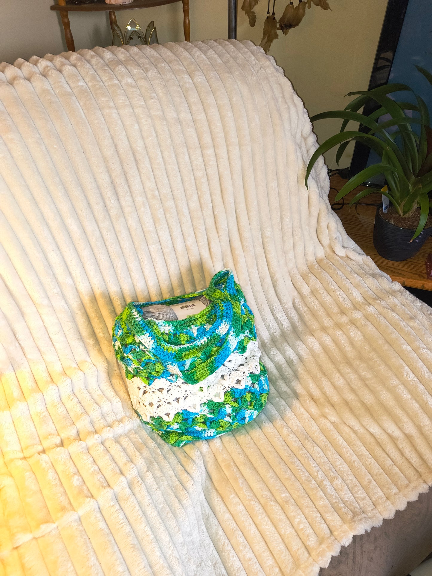 Large Cotton Crochet Market Bag | Blue Green Boho Tote | Camo-Inspired Handmade Bag