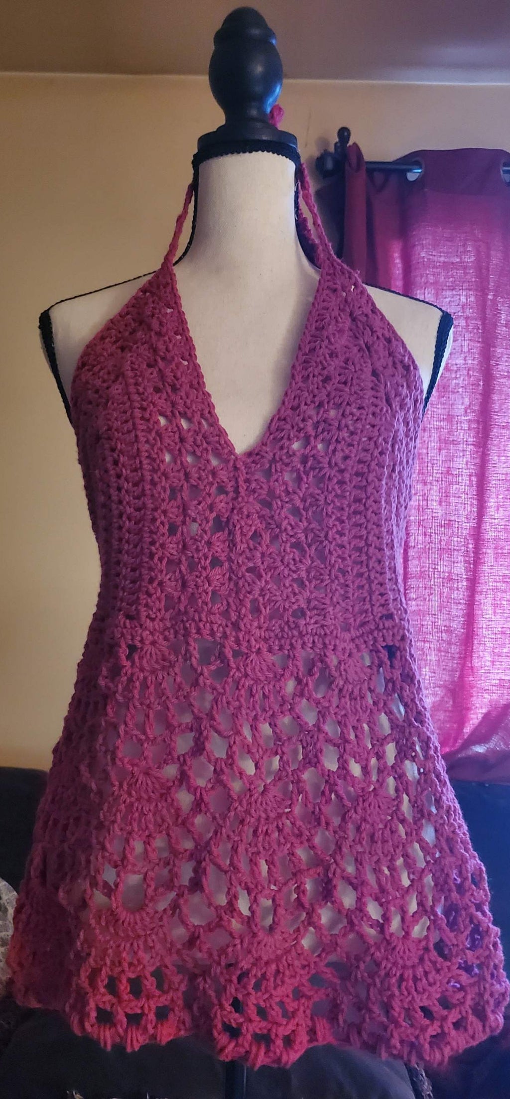Raspberry crochet halter top, boho lace festival top, open back handmade summer clothing