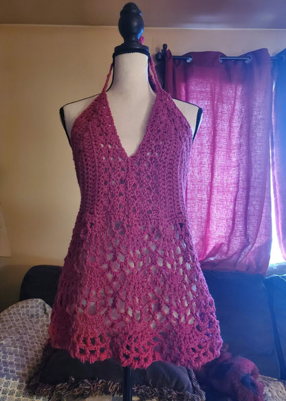 Raspberry crochet halter top, boho lace festival top, open back handmade summer clothing