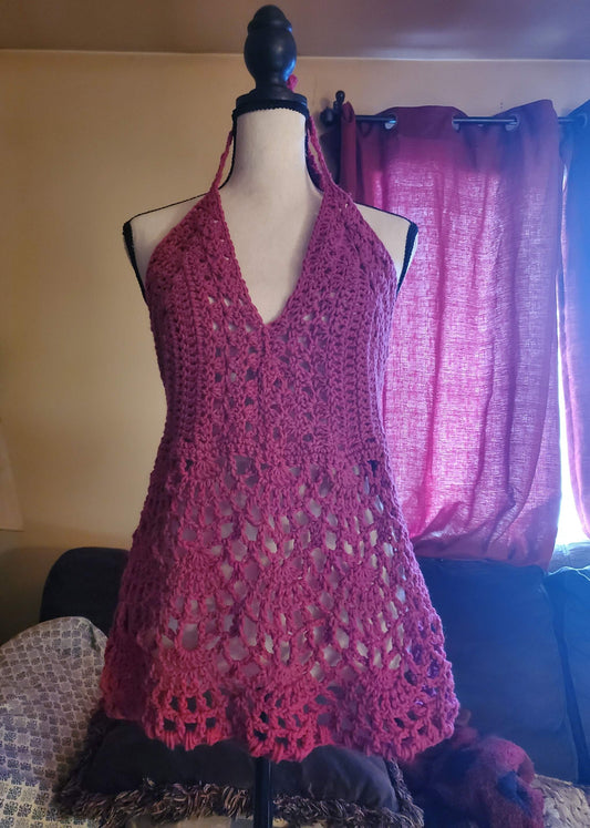 Raspberry crochet halter top, boho lace festival top, open back handmade summer clothing