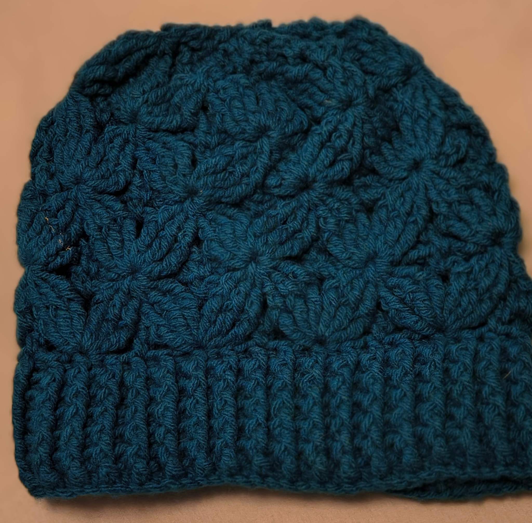 Crochet Flower of Life Hat – Handmade Textured Beanie in Purple, Rose, or Teal