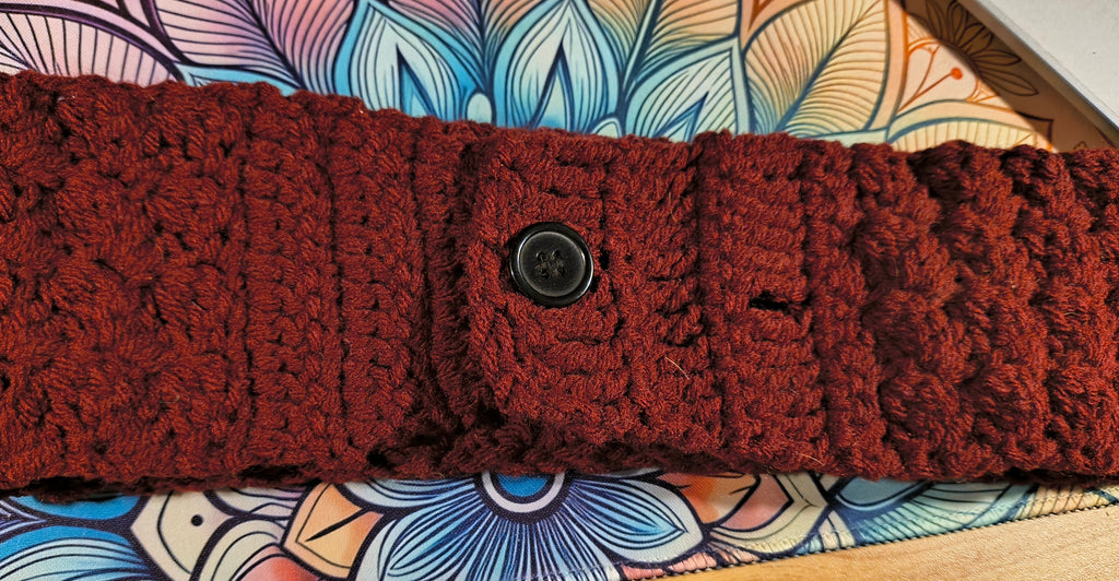 Maroon crochet headband with textured stitch pattern and black button closure, adjustable handmade ear warmer laid flat on a patterned surface