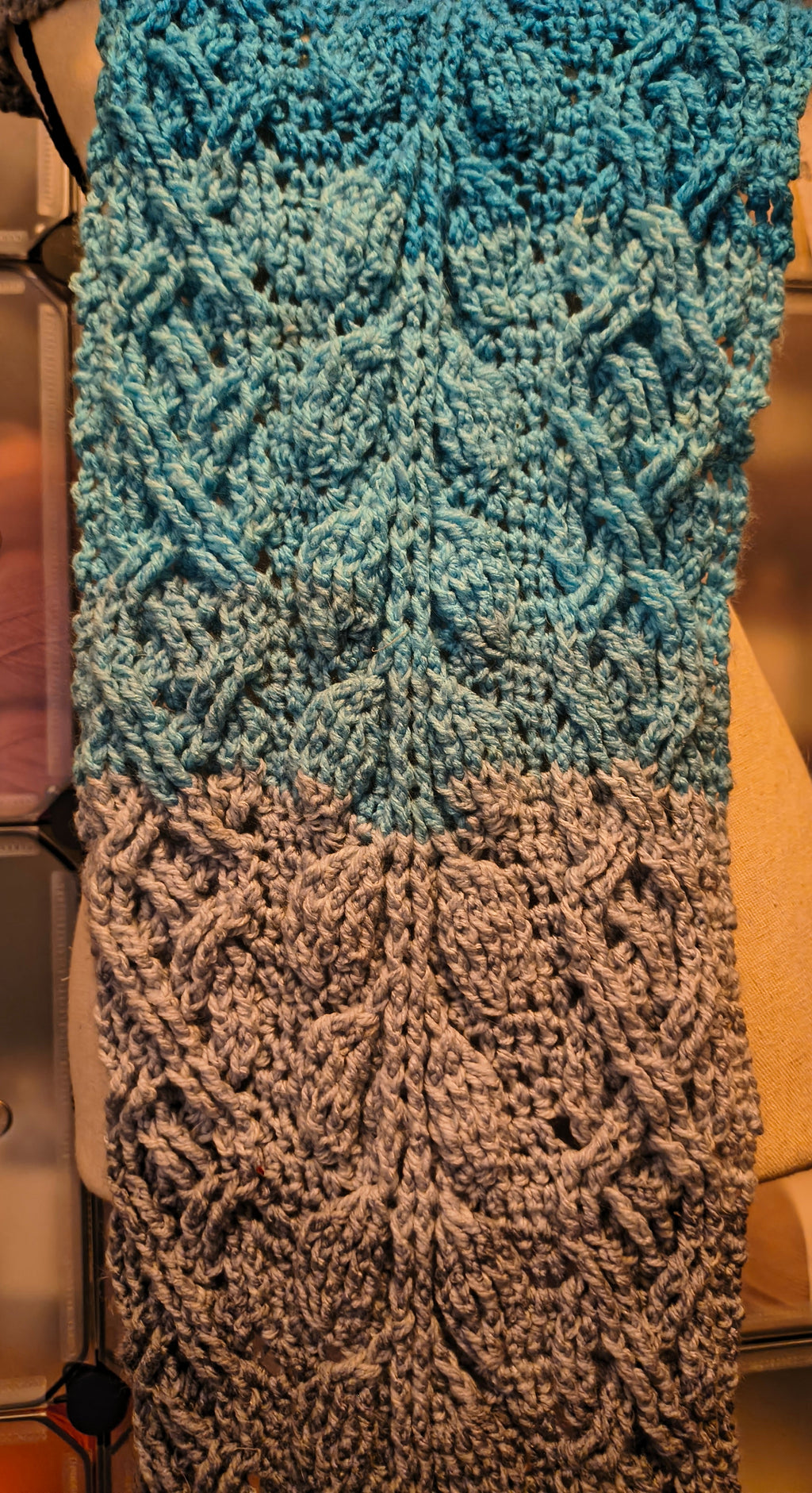 Blue Gradient Cabled Crochet Scarf – Extra Long Handmade Wrap