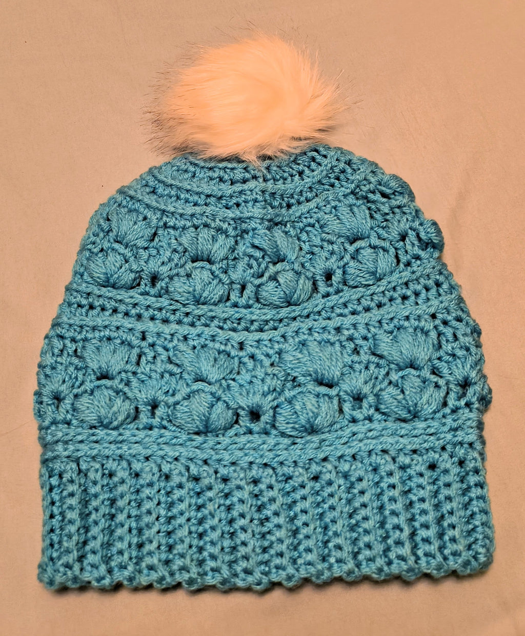 Boho Teal Slouchy Crochet Beanie - Faux Fur Pom - Soft Textured Winter Hat - Handmade Amarie Slouch Hat