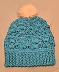 Boho Teal Slouchy Crochet Beanie - Faux Fur Pom - Soft Textured Winter Hat - Handmade Amarie Slouch Hat