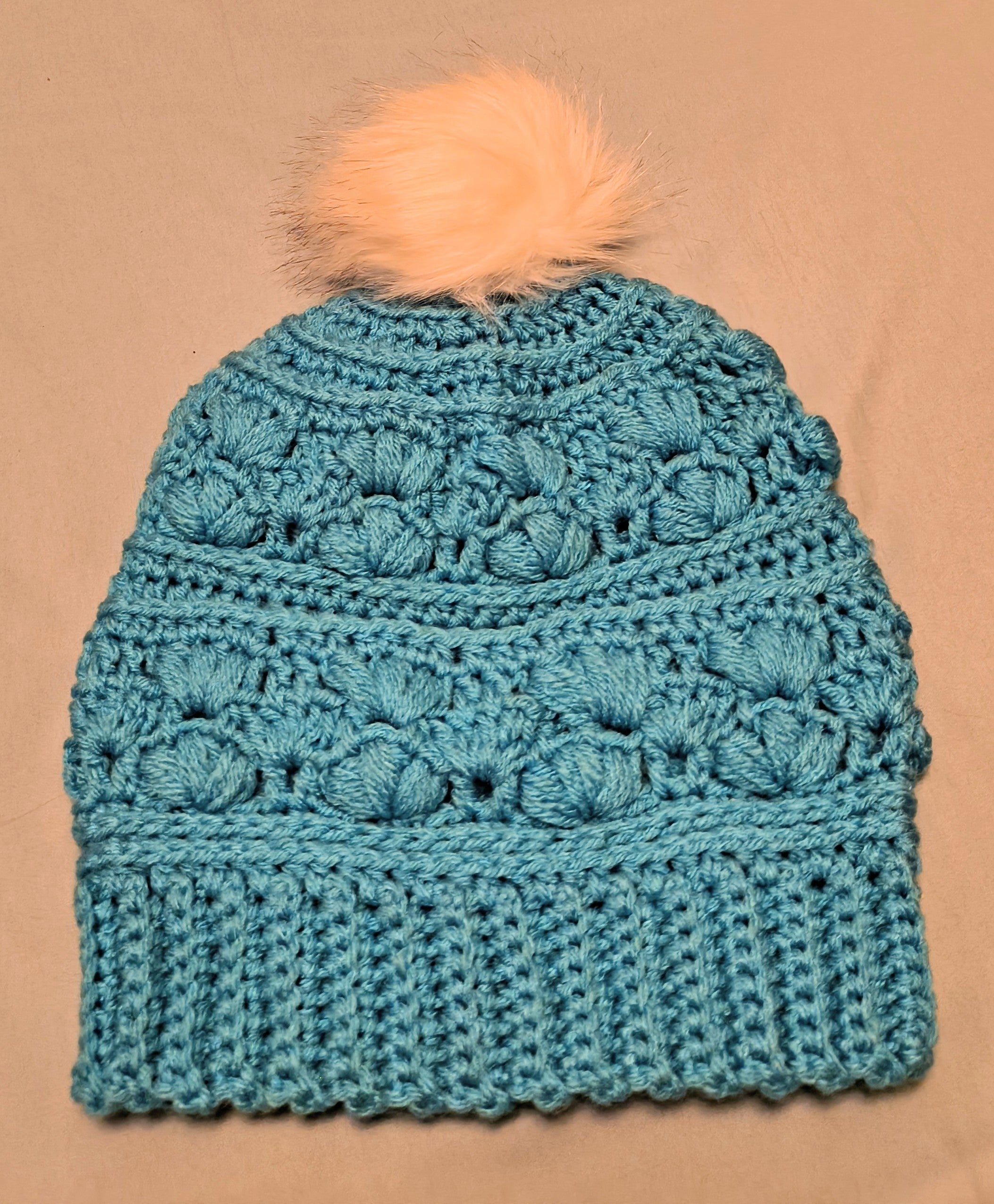 Boho Teal Slouchy Crochet Beanie - Faux Fur Pom - Soft Textured Winter Hat - Handmade Amarie Slouch Hat