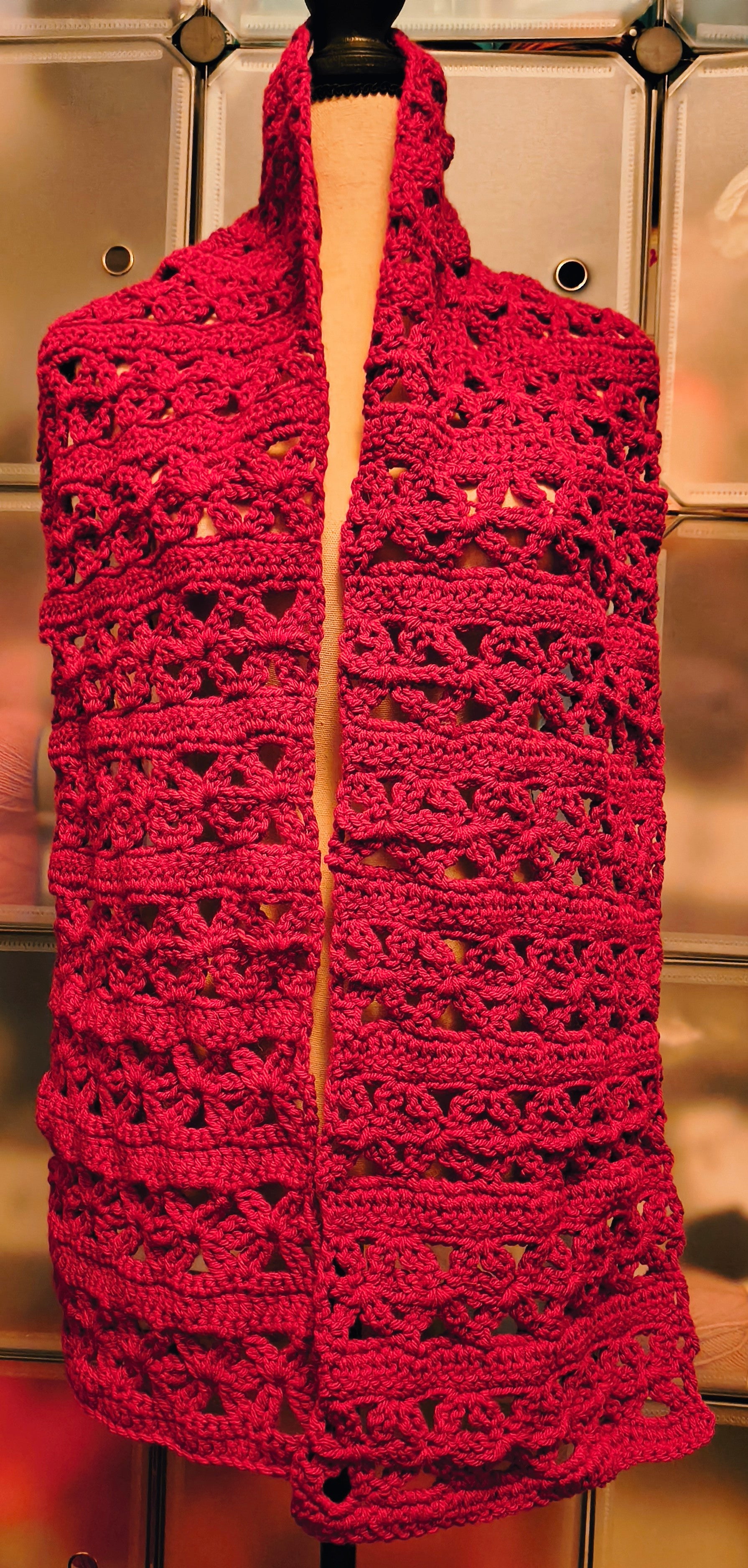 Flower of Life Crochet Scarf | Raspberry Lace Scarf