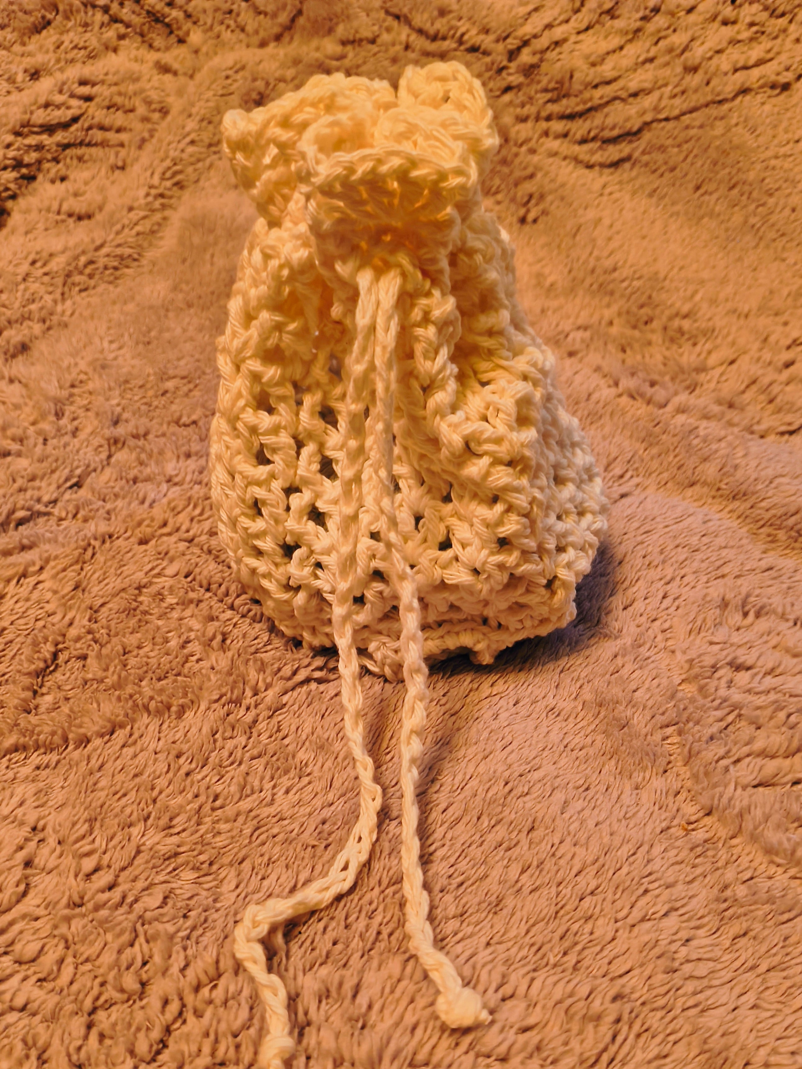 Handmade white crochet drawstring bag, 100% cotton makeup pouch for face scrubbies and small essentials