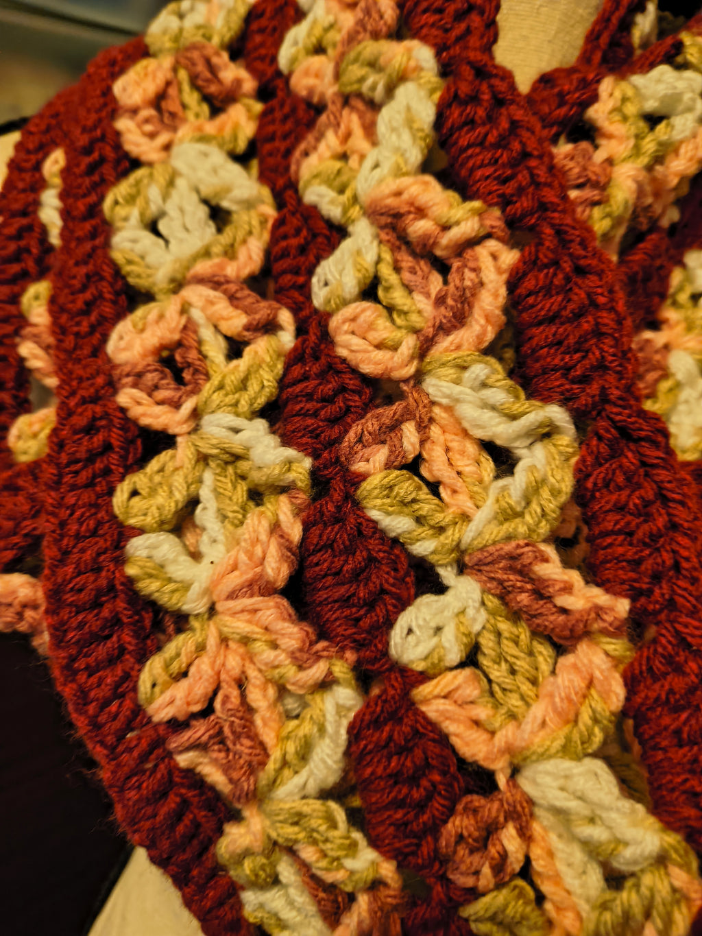 Handmade Crochet Infinity Scarf | Burgundy Floral Boho Scarf