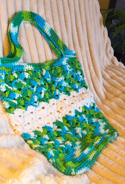 Large Cotton Crochet Market Bag | Blue Green Boho Tote | Camo-Inspired Handmade Bag
