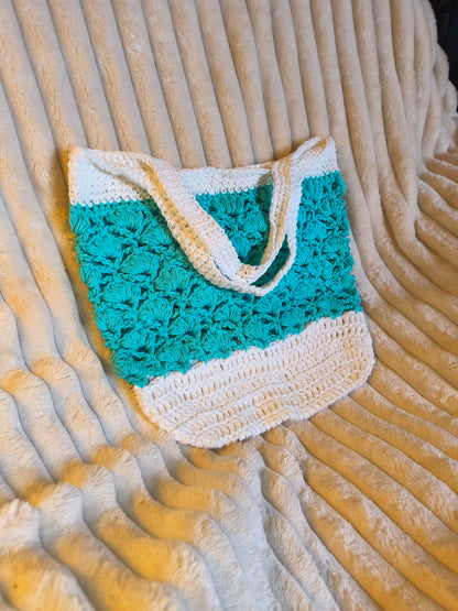 Cotton Crochet Market Bag | Teal & White Boho Tote | Lightweight Lace Design