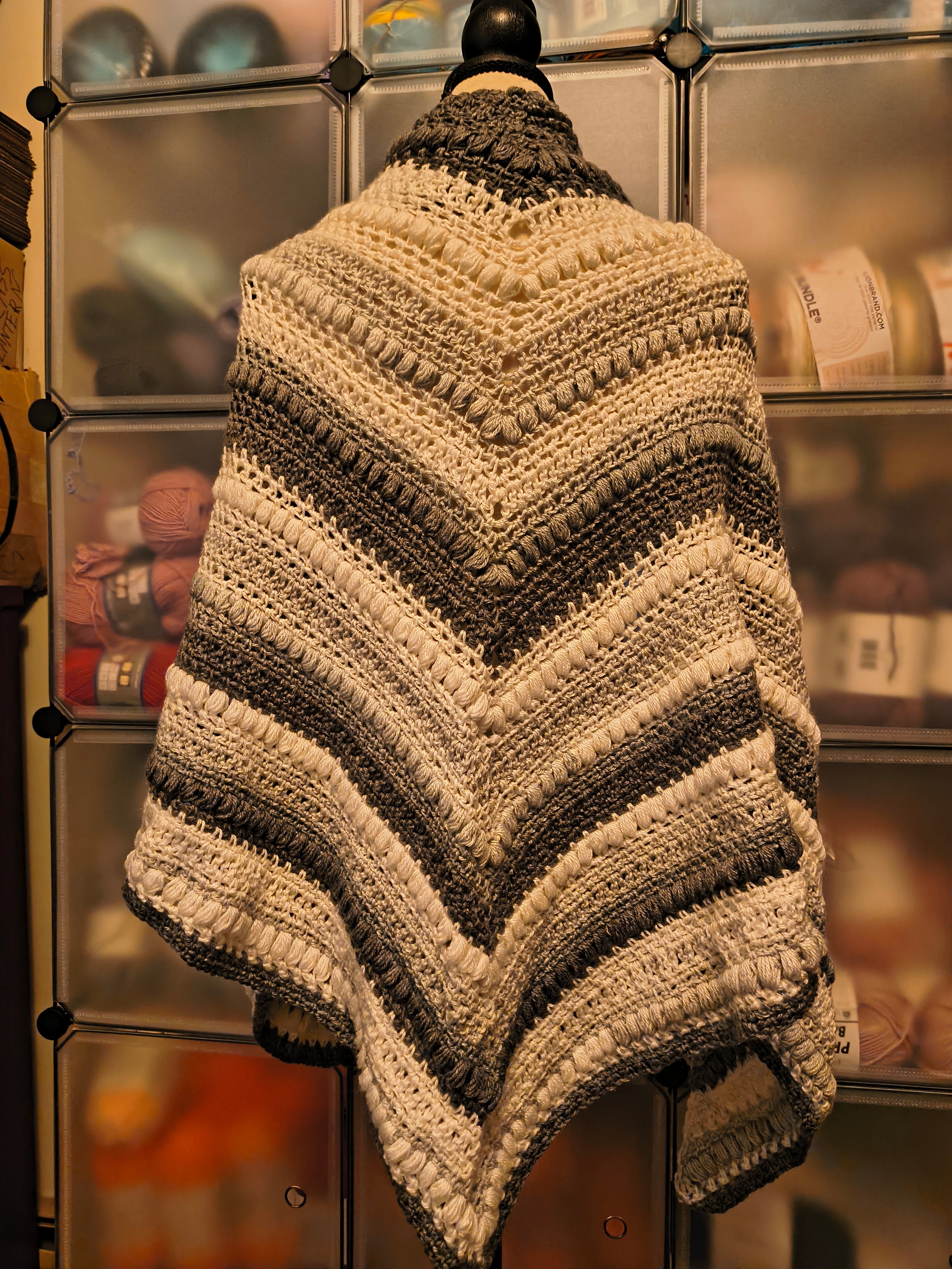 Grey & Cream Puff Stitch Crochet Shawl Wrap | Textured Triangle Shawl | Handmade Boho Winter Wrap | Neutral Crochet Statement Piece