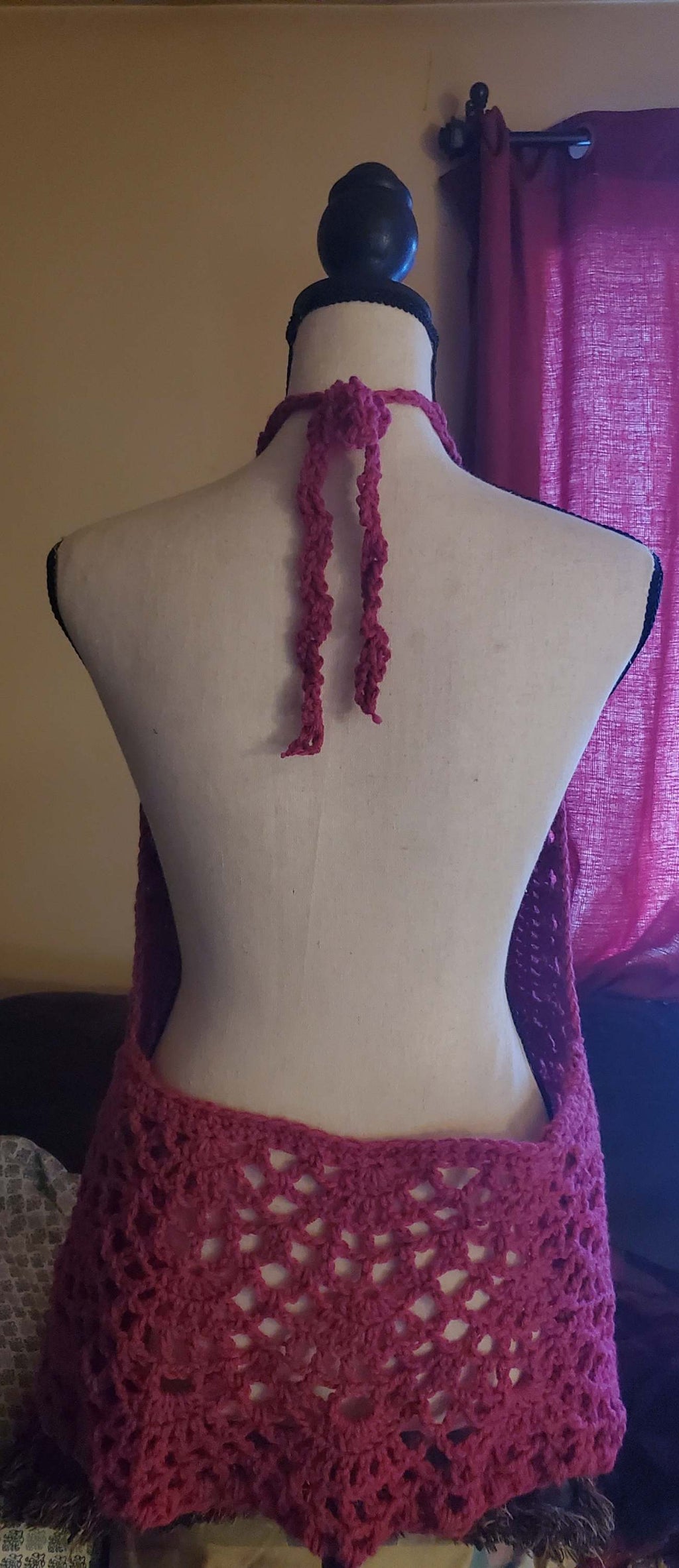 Open back crochet halter top with adjustable ties, raspberry boho festival top