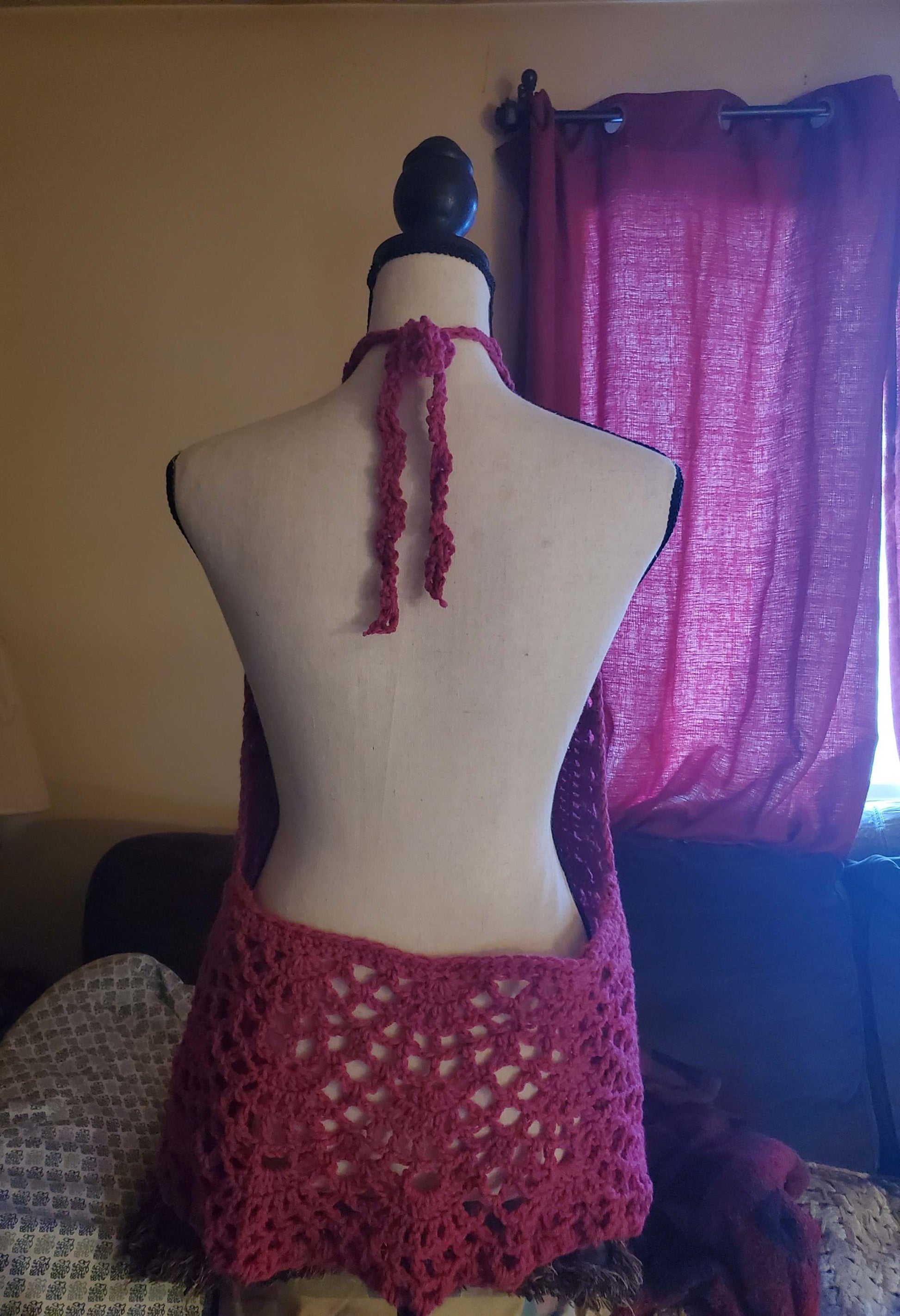 Open back crochet halter top with adjustable ties, raspberry boho festival top