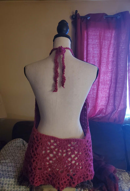 Open back crochet halter top with adjustable ties, raspberry boho festival top
