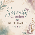 Boho-style Serenity Crochet gift card graphic with a cream background, teal and dusty purple botanical accents, elegant script lettering, and a soft handmade boutique aesthetic.