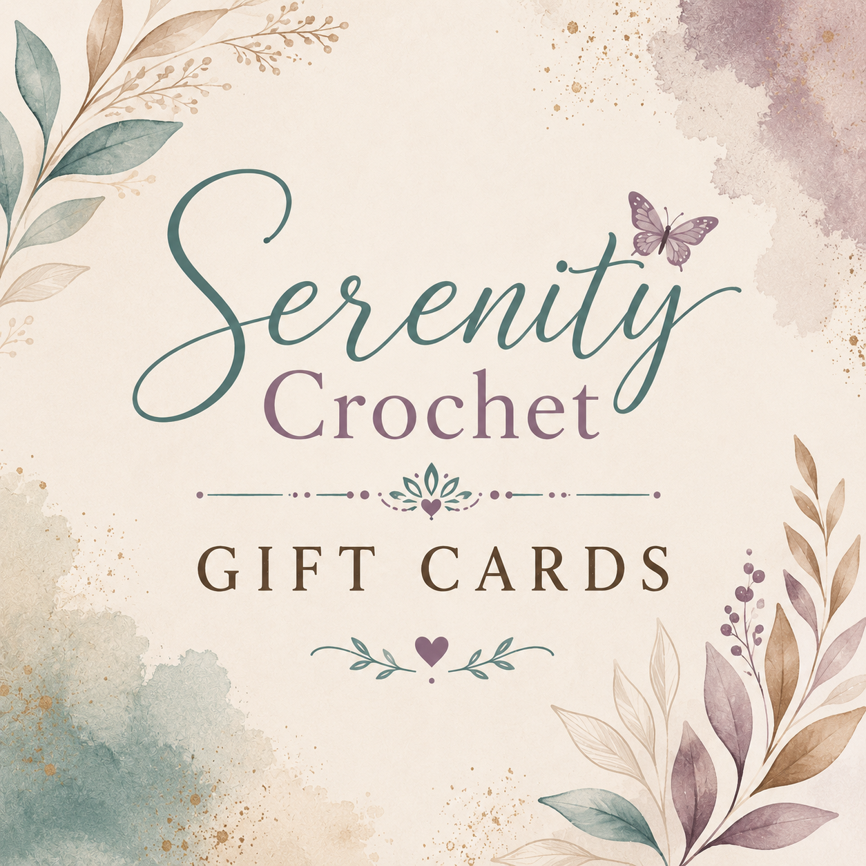 Boho-style Serenity Crochet gift card graphic with a cream background, teal and dusty purple botanical accents, elegant script lettering, and a soft handmade boutique aesthetic.