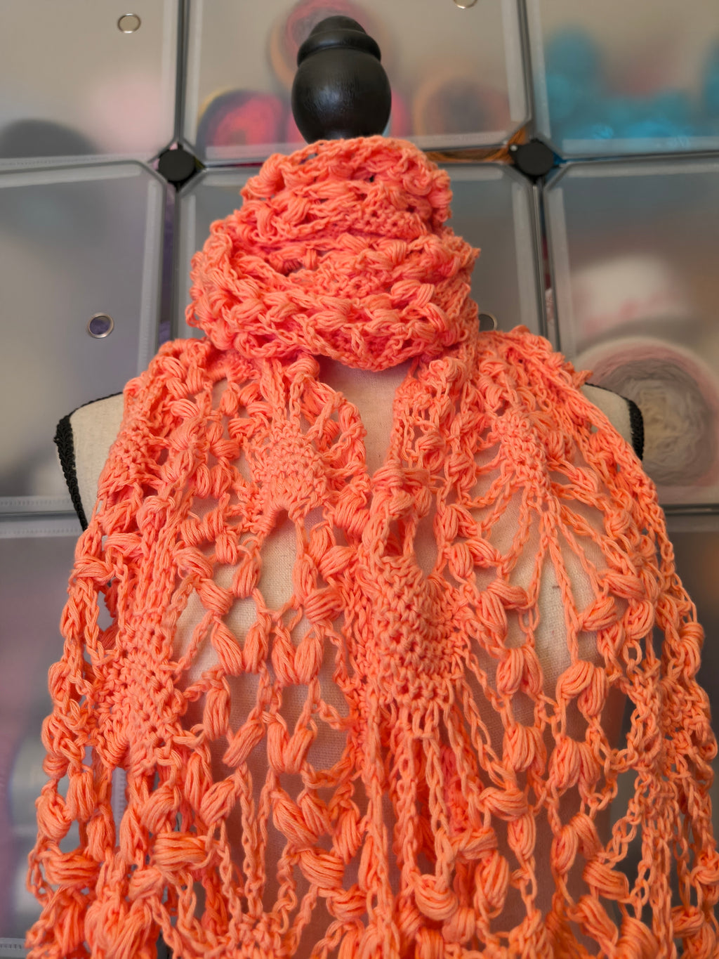 Handmade Coral Lace Super Scarf - Lightweight Cotton Puff Stitch Wrap - Elegant Crochet Boho Scarf - Oversized Spring Summer Scarf