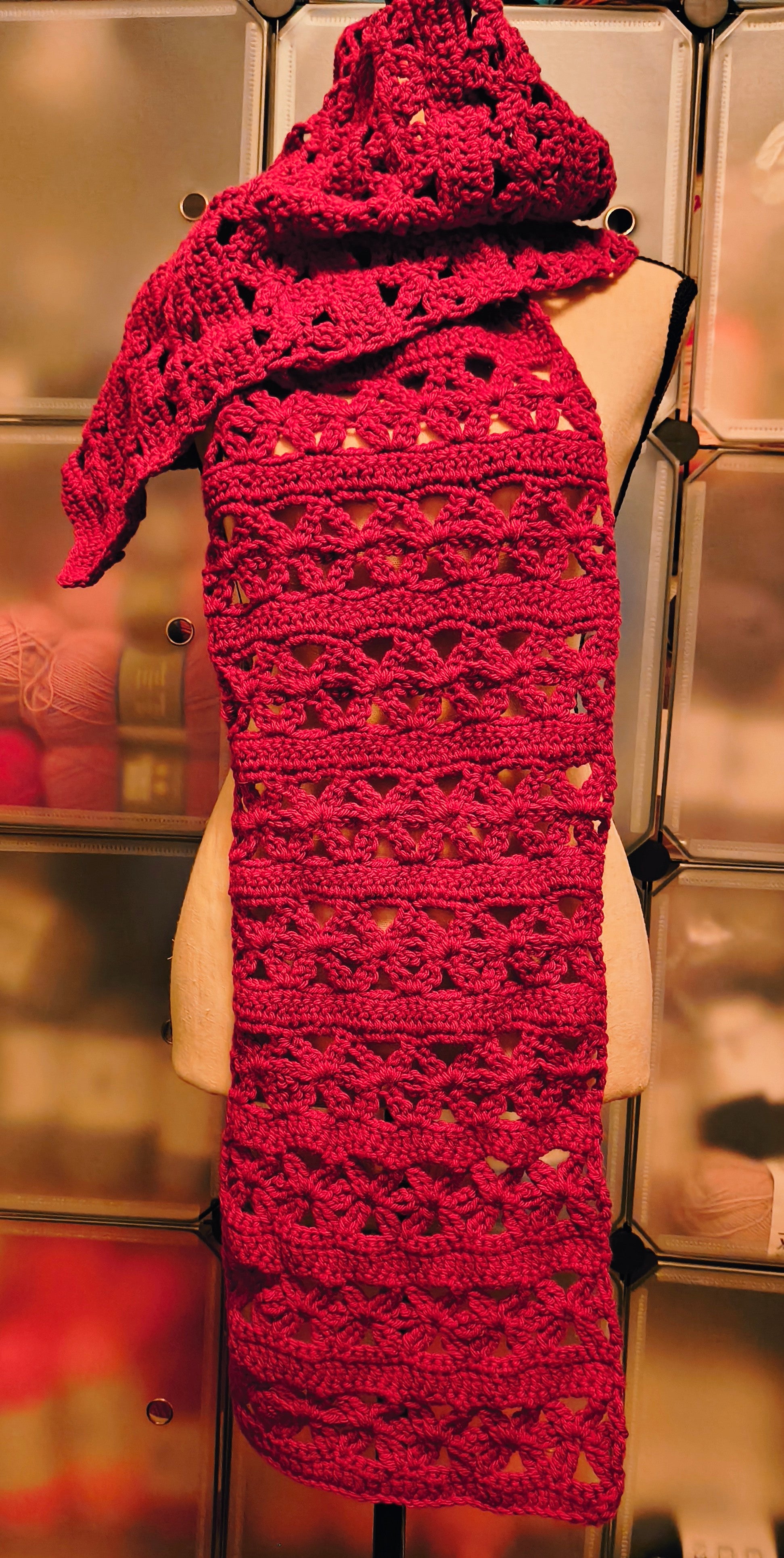 Flower of Life Crochet Scarf | Raspberry Lace Scarf