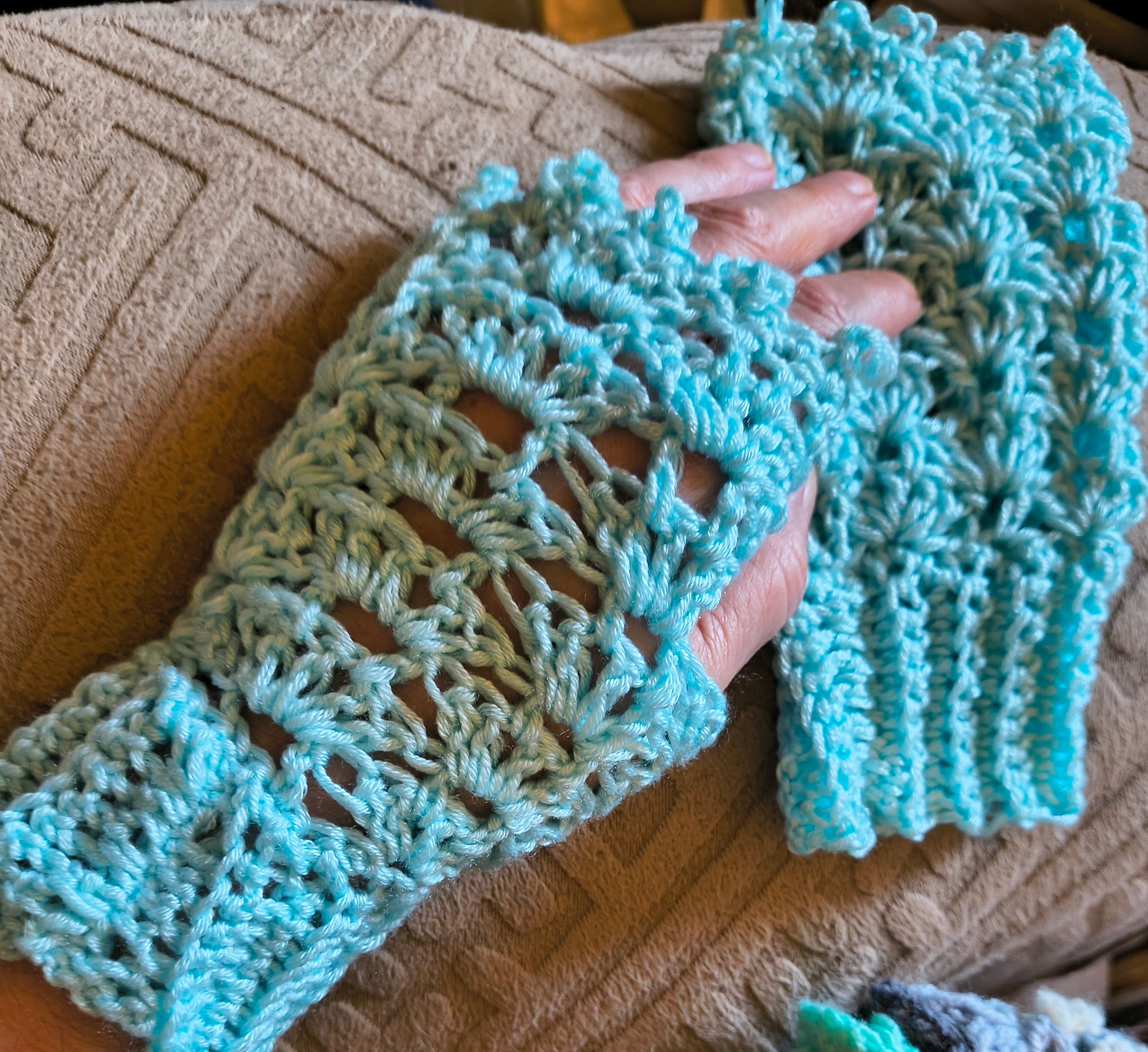 Ice Blue Crochet Fingerless Gloves | Soft Handmade Wrist Warmers