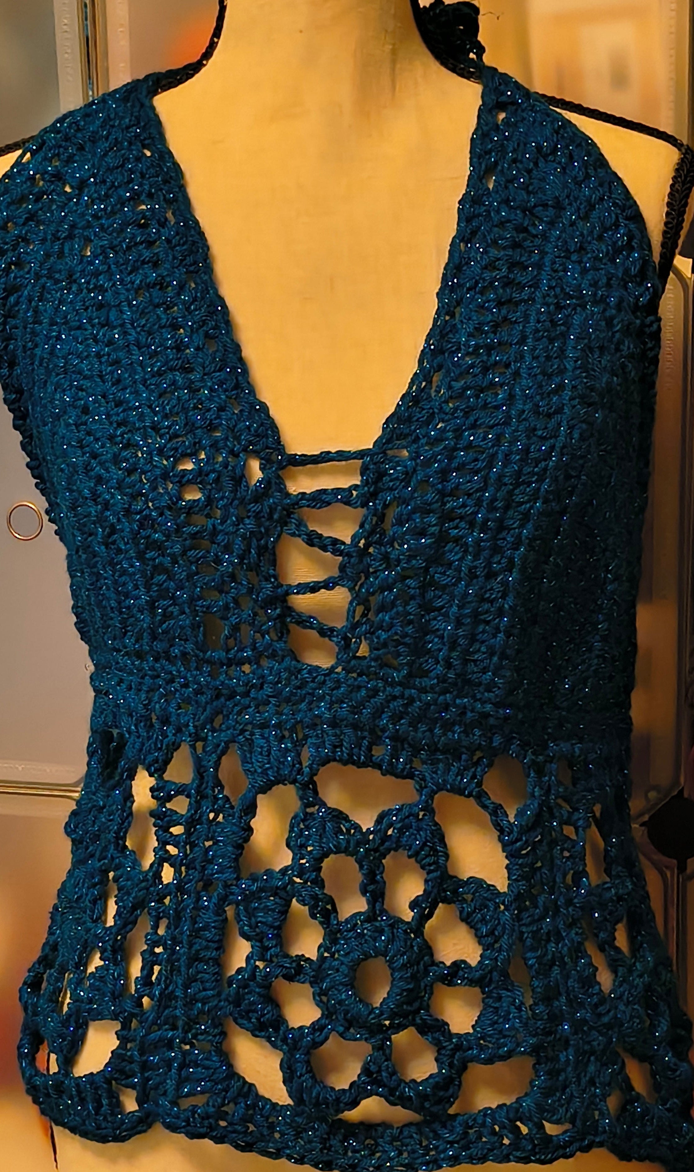 Sapphire Lace Crochet Halter Top – Handmade Boho Festival Top