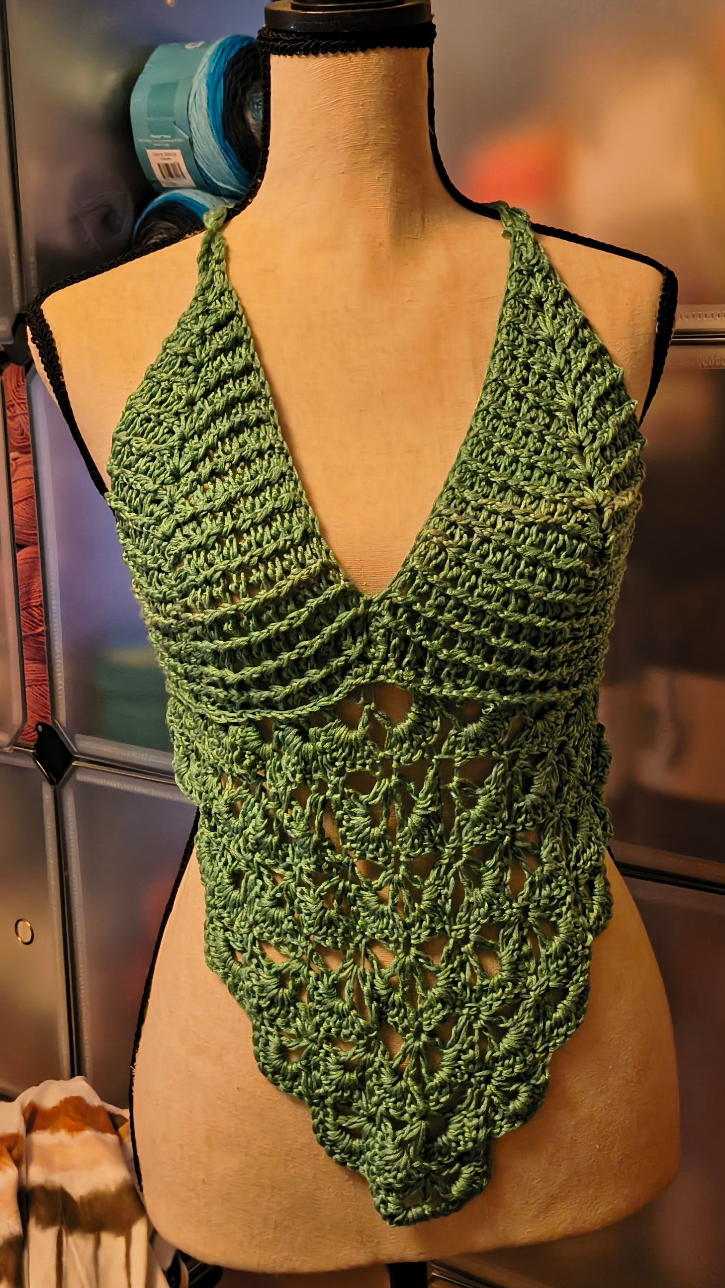 Forest green crochet halter top, boho lace festival top, open back handmade